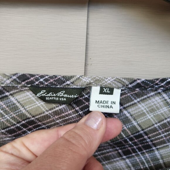 Eddie Bauer Khaki Green Plaid Blouse Floral Embroidered Peasant Boho Country - Picture 10 of 12